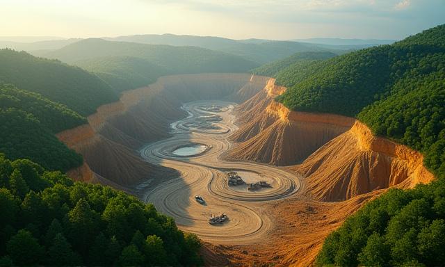 Aerial view of a sustainable mining operation showing environmental rehabilitation